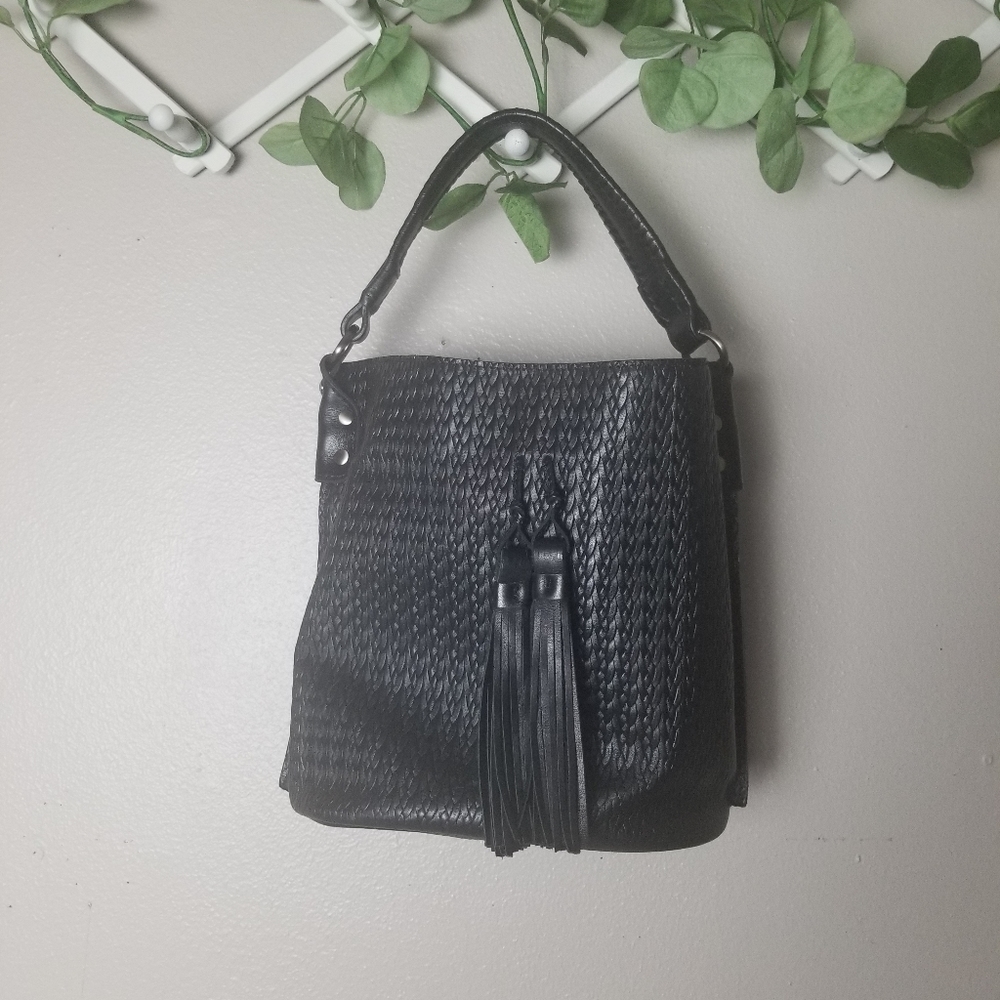 Patricia Nash black leather embossed bucket bag